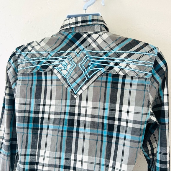 AFFLICTION VTG Y2K Mens Blue Plaid Embroidered Long Sleeve Slim Fit Shirt Size M - Picture 6 of 13